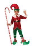 Boy in a Christmas elf costume with fur-trimmed red tunic, green pants and bell hat (candy cane and elf shoes not included)
