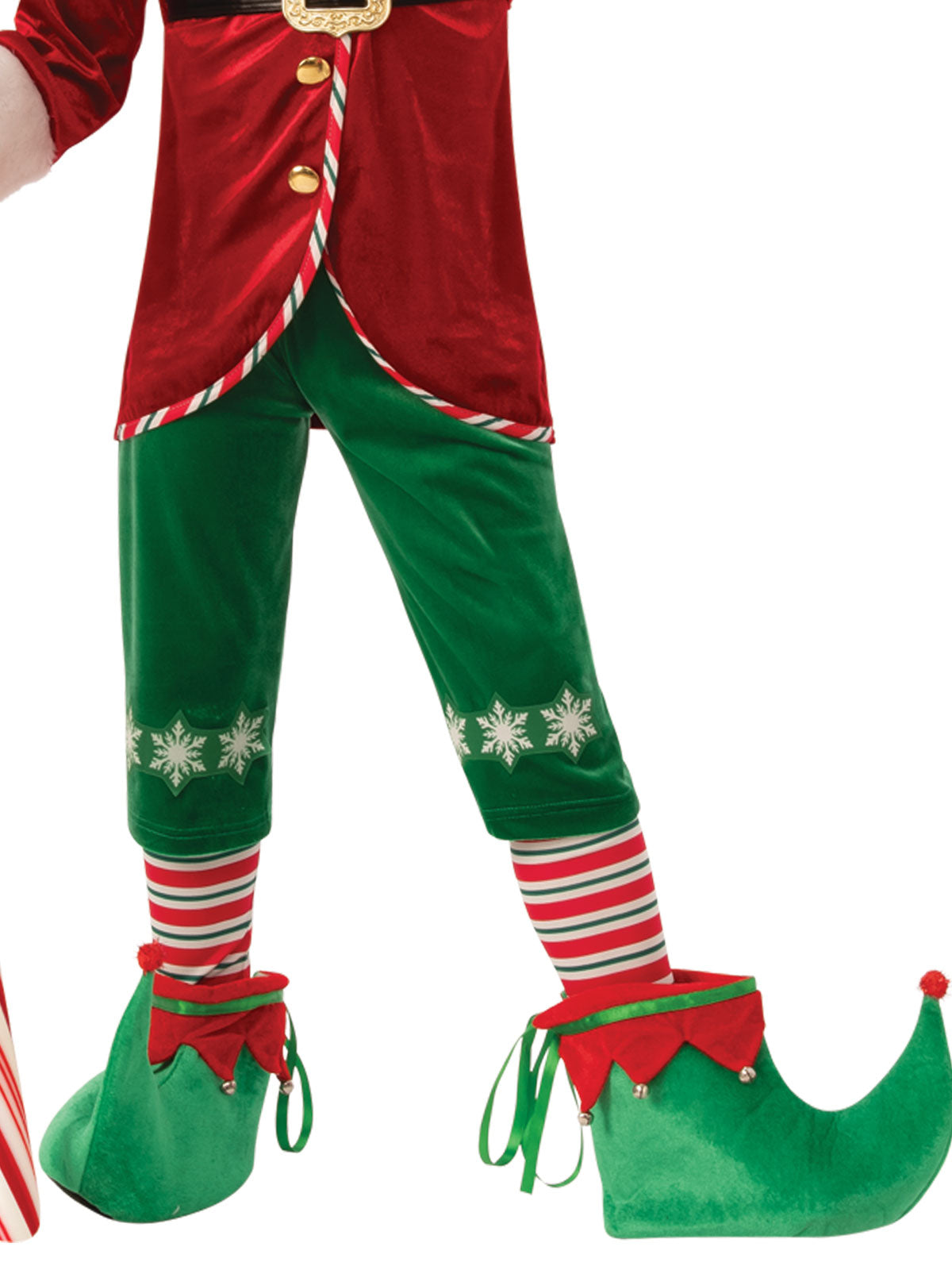 Close-up of the elf's green snowflake 3/4 pants and striped socks (elf shoes sold separately)