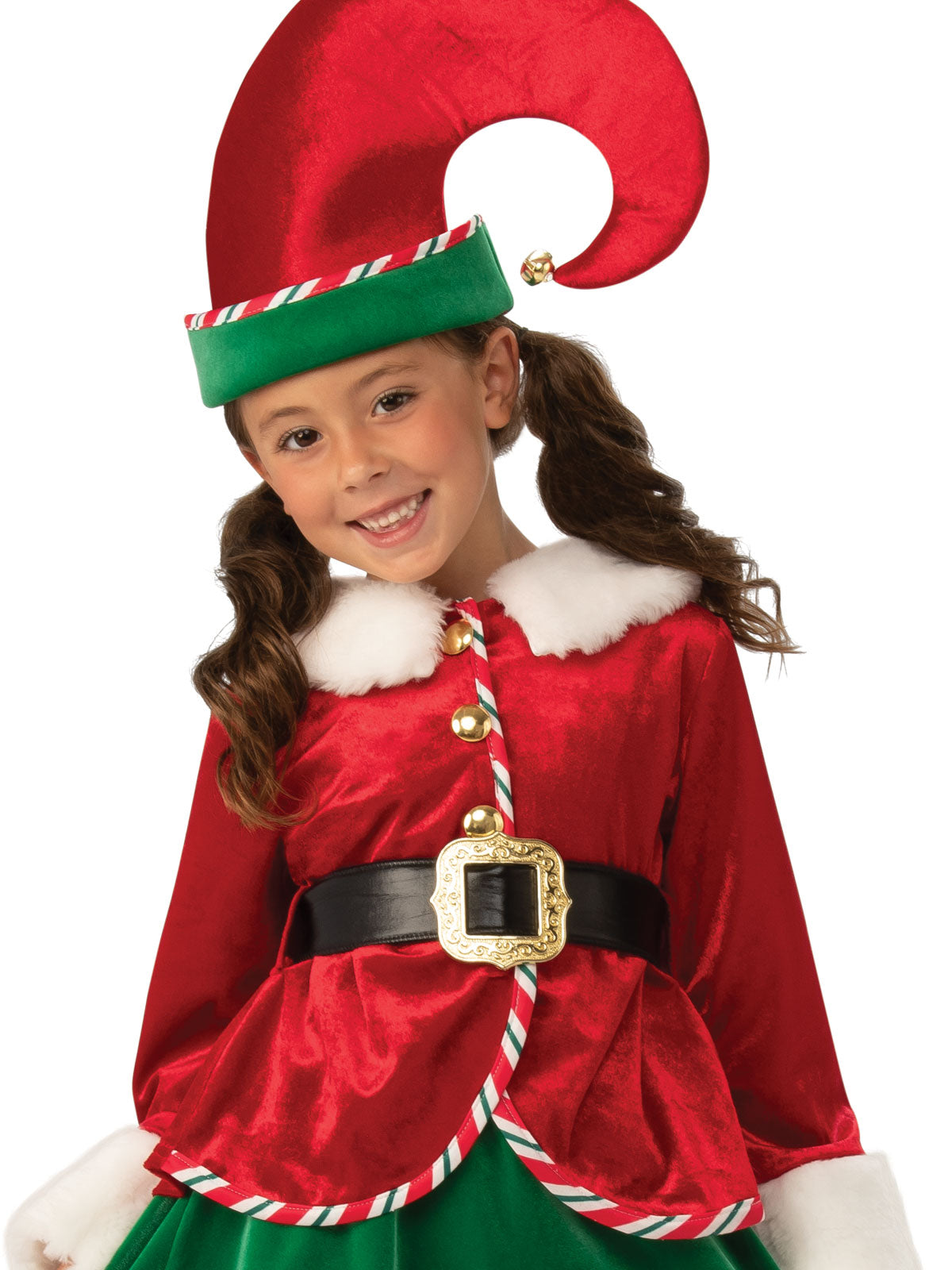 Close-up of the girl's elf satin bell hat, fur collar and gold buckle belt