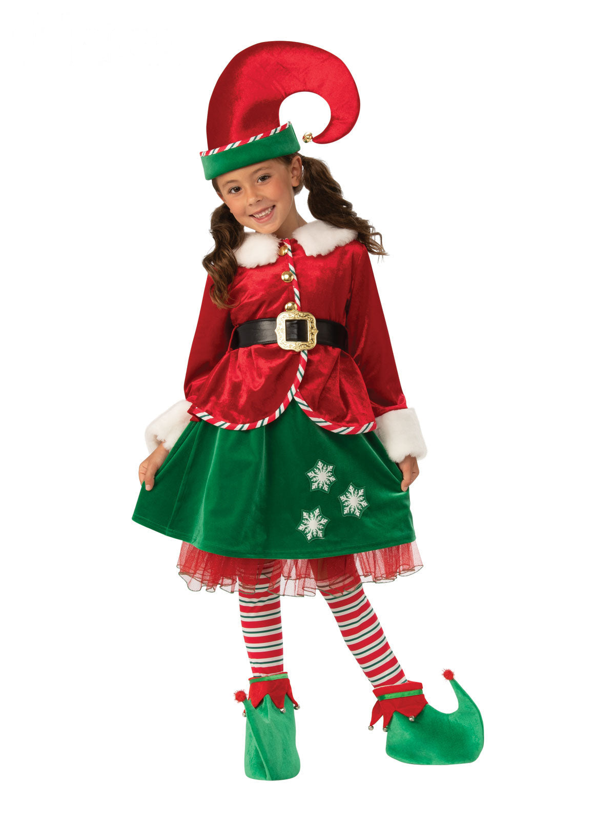 Girl in a Christmas elf costume with fur-trimmed red tunic, green snowflake skirt and bell hat (elf shoes sold separately)