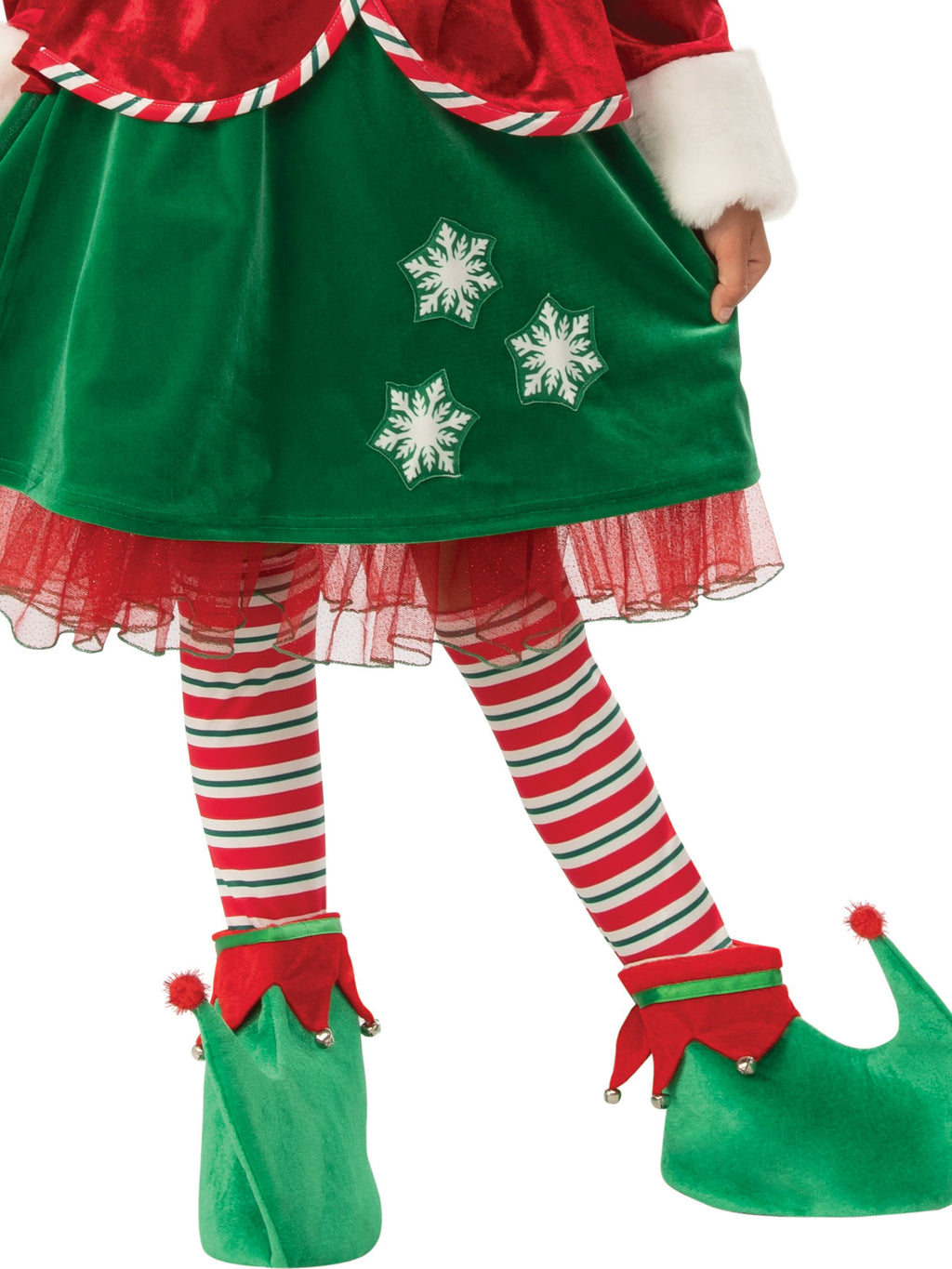 Close-up of the elf green snowflake skirt with red tulle and striped socks (elf shoes sold separately)