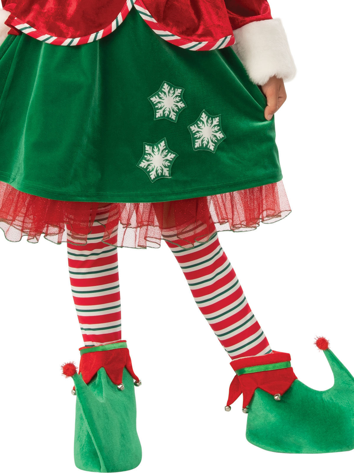 Close-up of the elf green snowflake skirt with red tulle and striped socks (elf shoes sold separately)