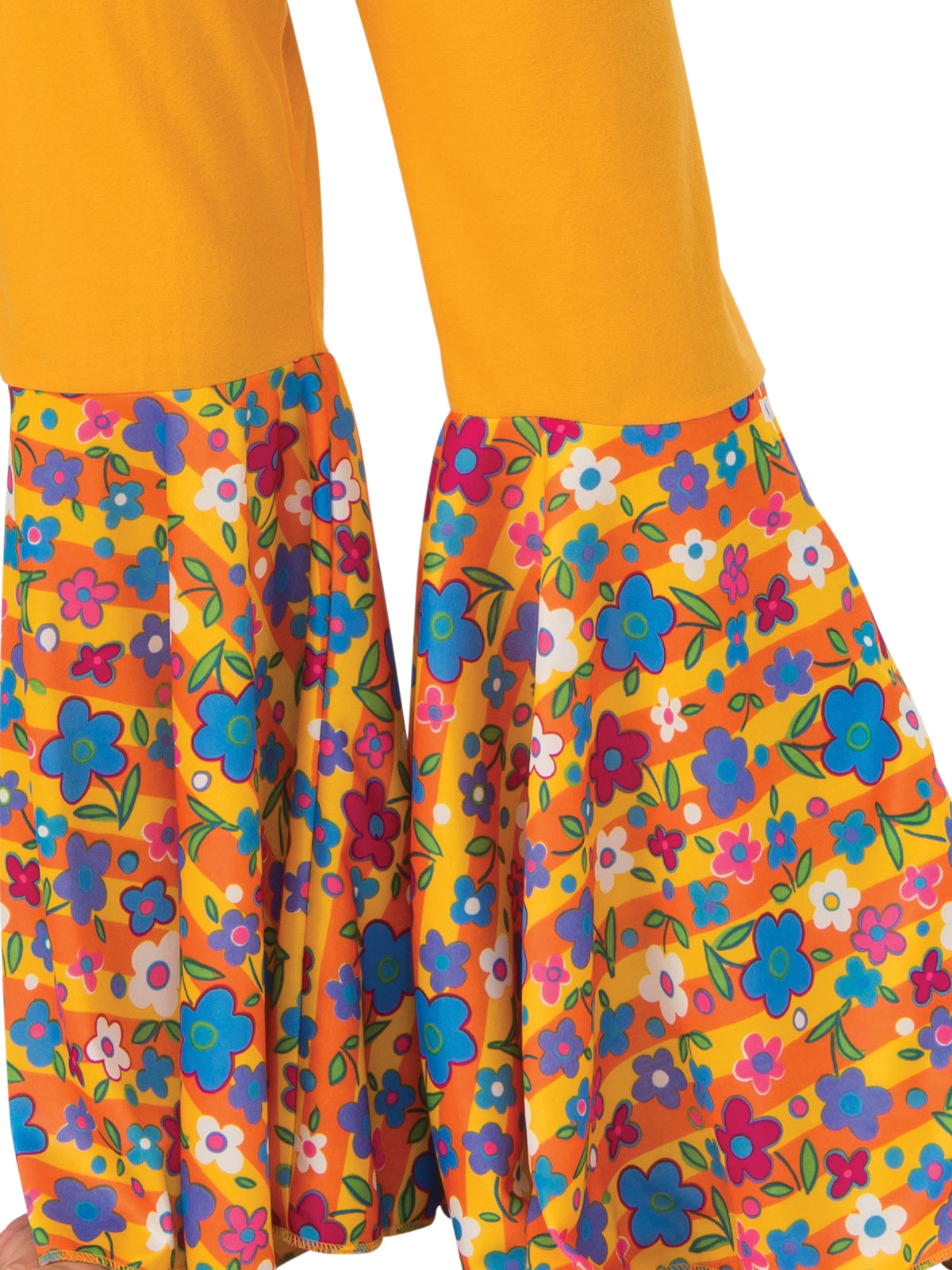 Close-up of the wide floral bell-bottom hems on the Hippie Girl pants