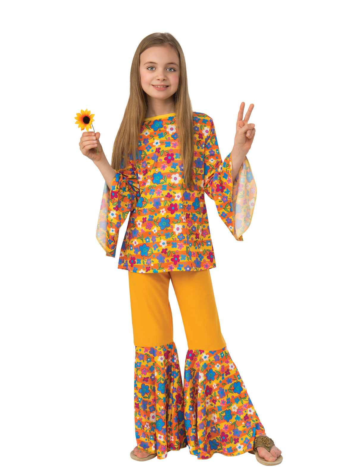 Girl in the Hippie floral tunic with bell sleeves and matching yellow floral flared pants