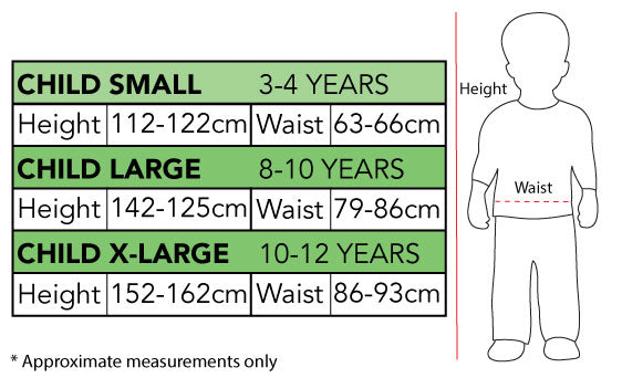 Size chart for the Judge's Robe Costume, Child (small, large and extra large)