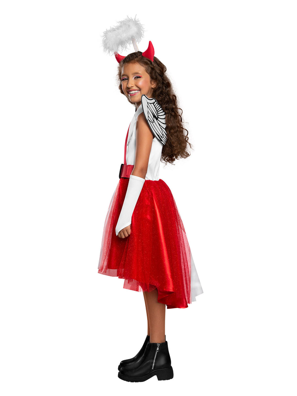Side view of the Diabla costume showing the red tulle skirt and wings