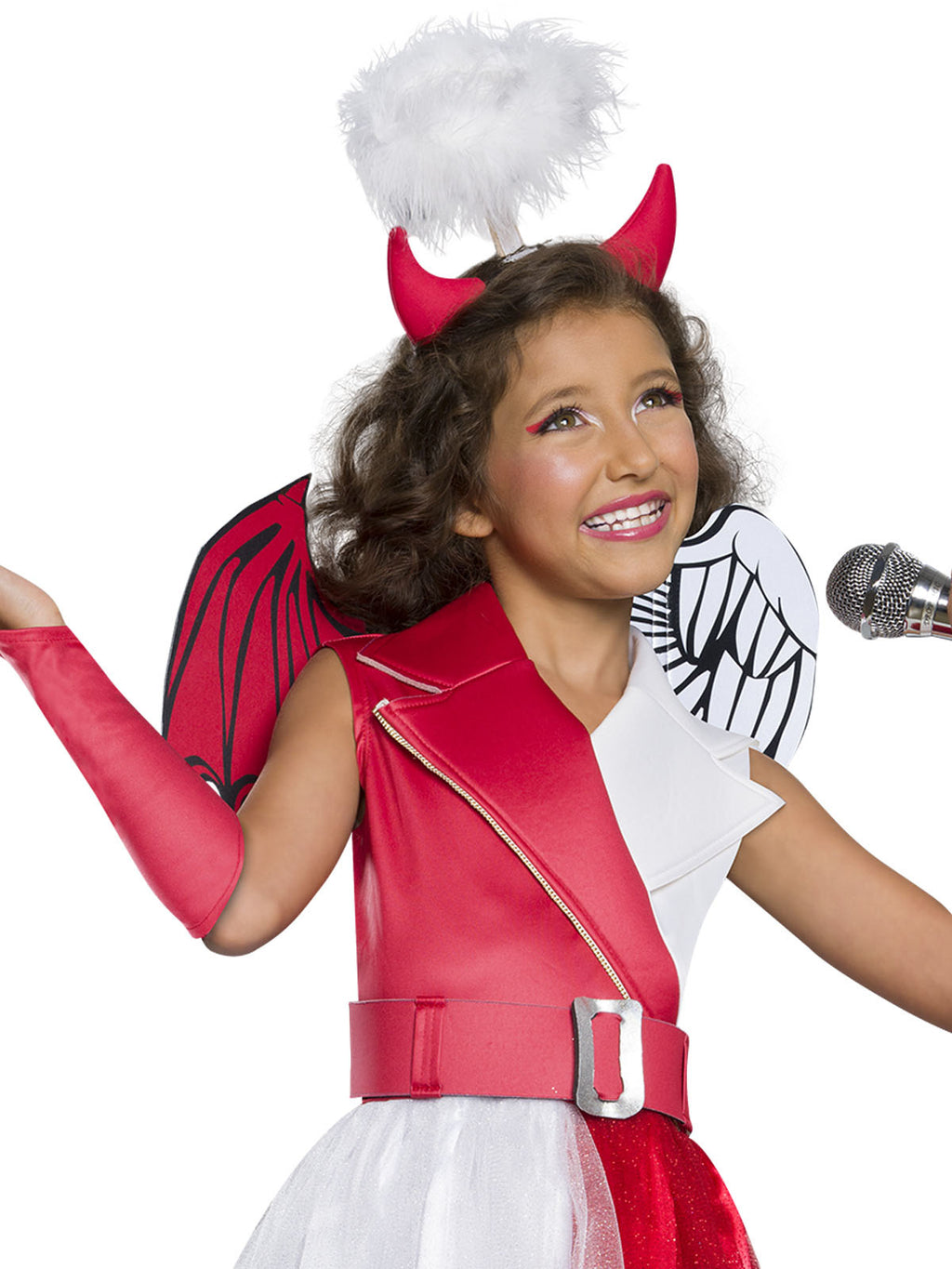 Close-up of the Diabla costume's red bodice, angel and devil wings and horns and halo headpiece