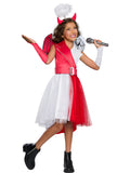 Girl in Diabla devil costume with red and white tutu dress, glovelets, horns and halo headpiece