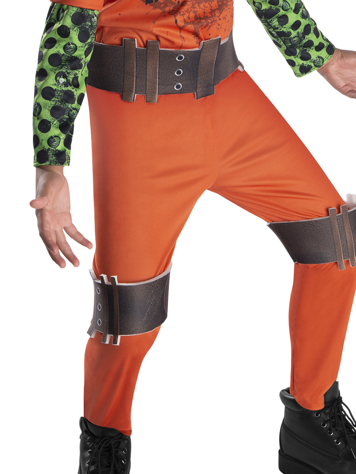Close-up of the Maximum Security orange jumpsuit with green sleeves, belt and knee straps
