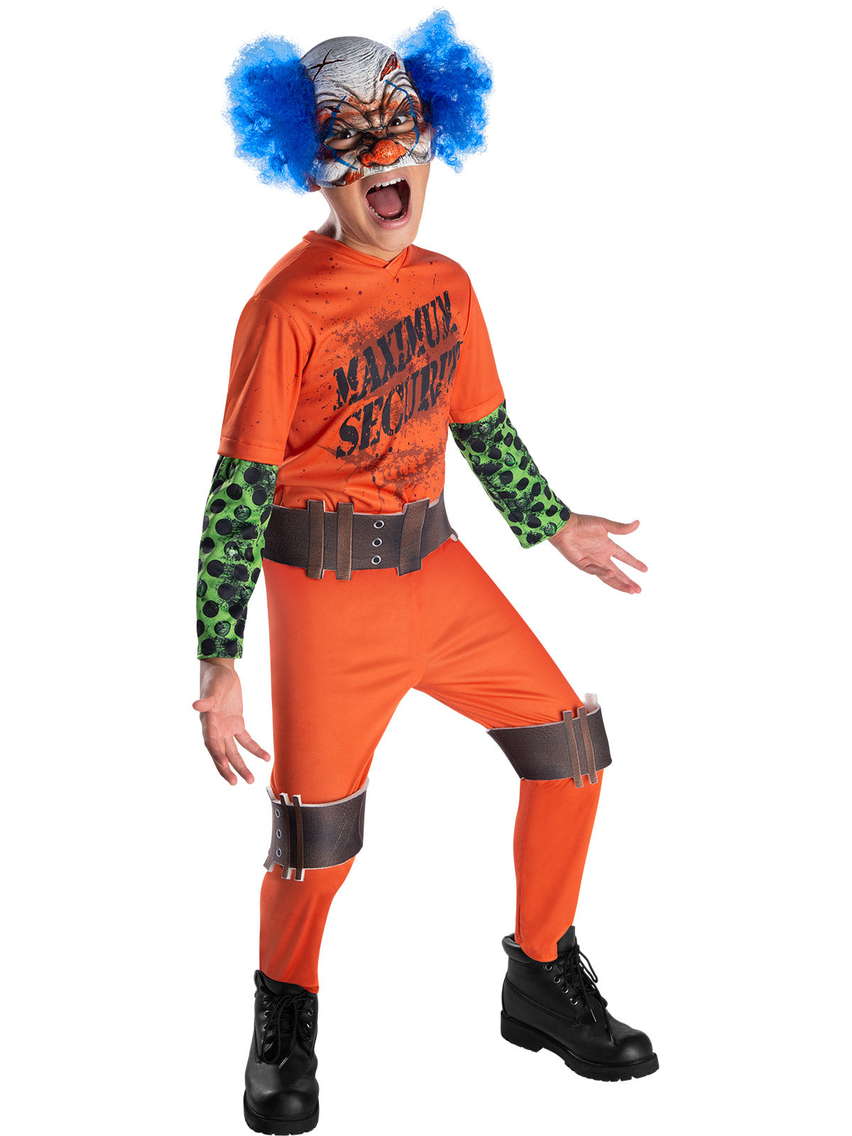 Child in the Maximum Security clown prisoner costume with an orange jumpsuit, belt and blue-haired clown mask