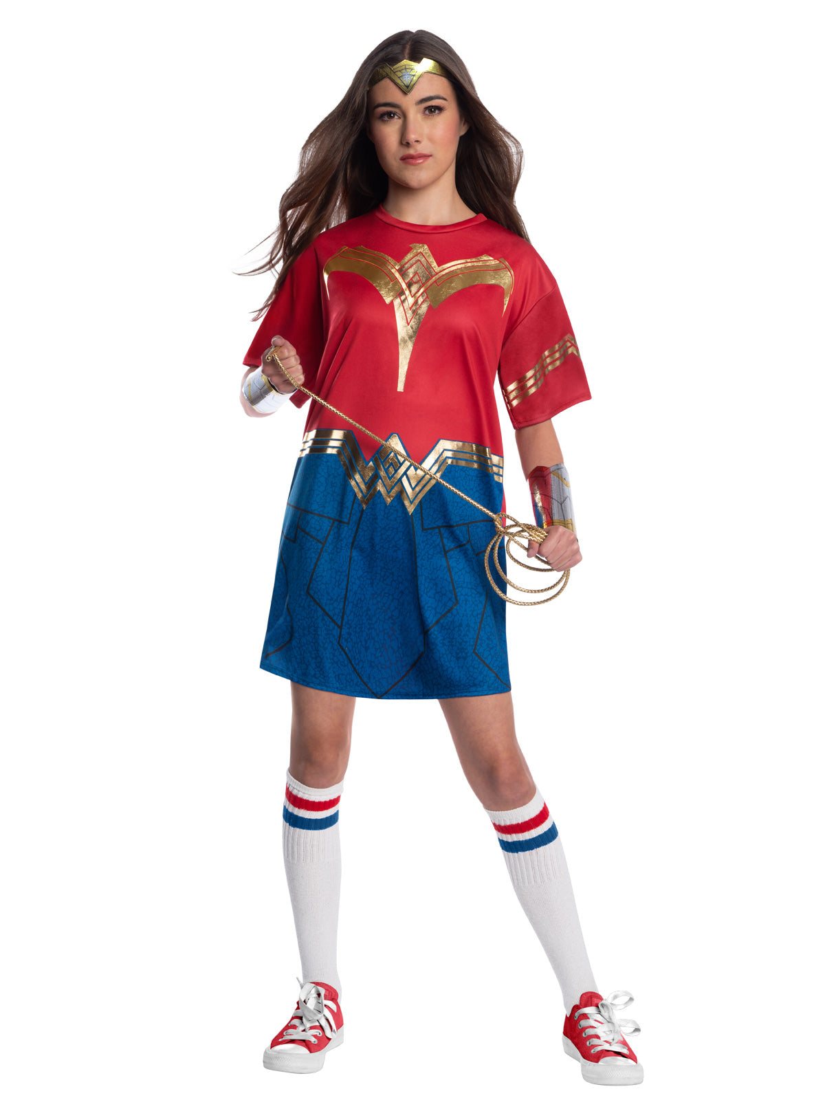 Teen girl in the Wonder Woman 1984 oversized tee costume with printed eagle and skirt, tiara and gauntlets
