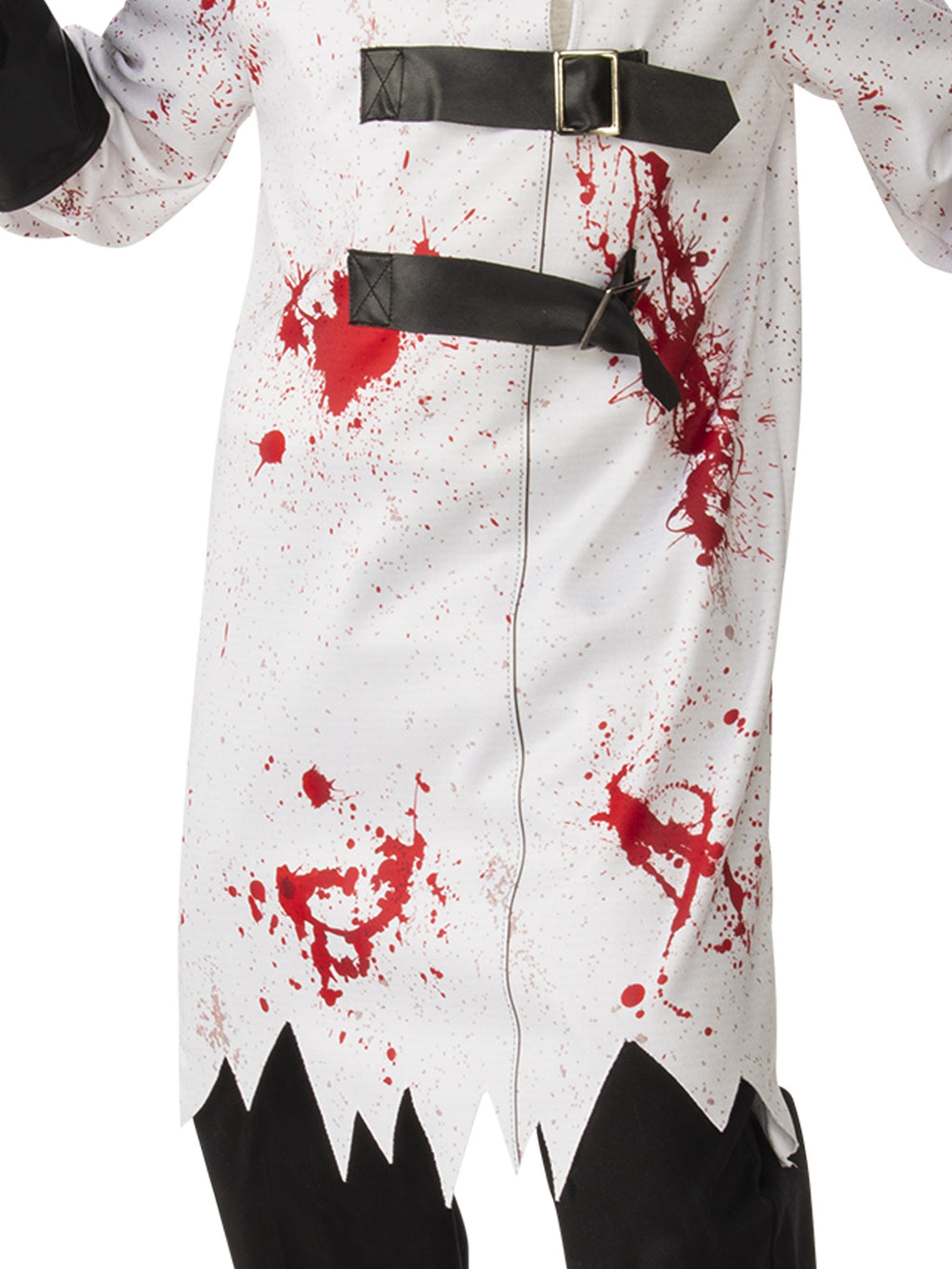 Close-up of the bloody surgeon tunic with red splatter, black buckle straps and ragged hem
