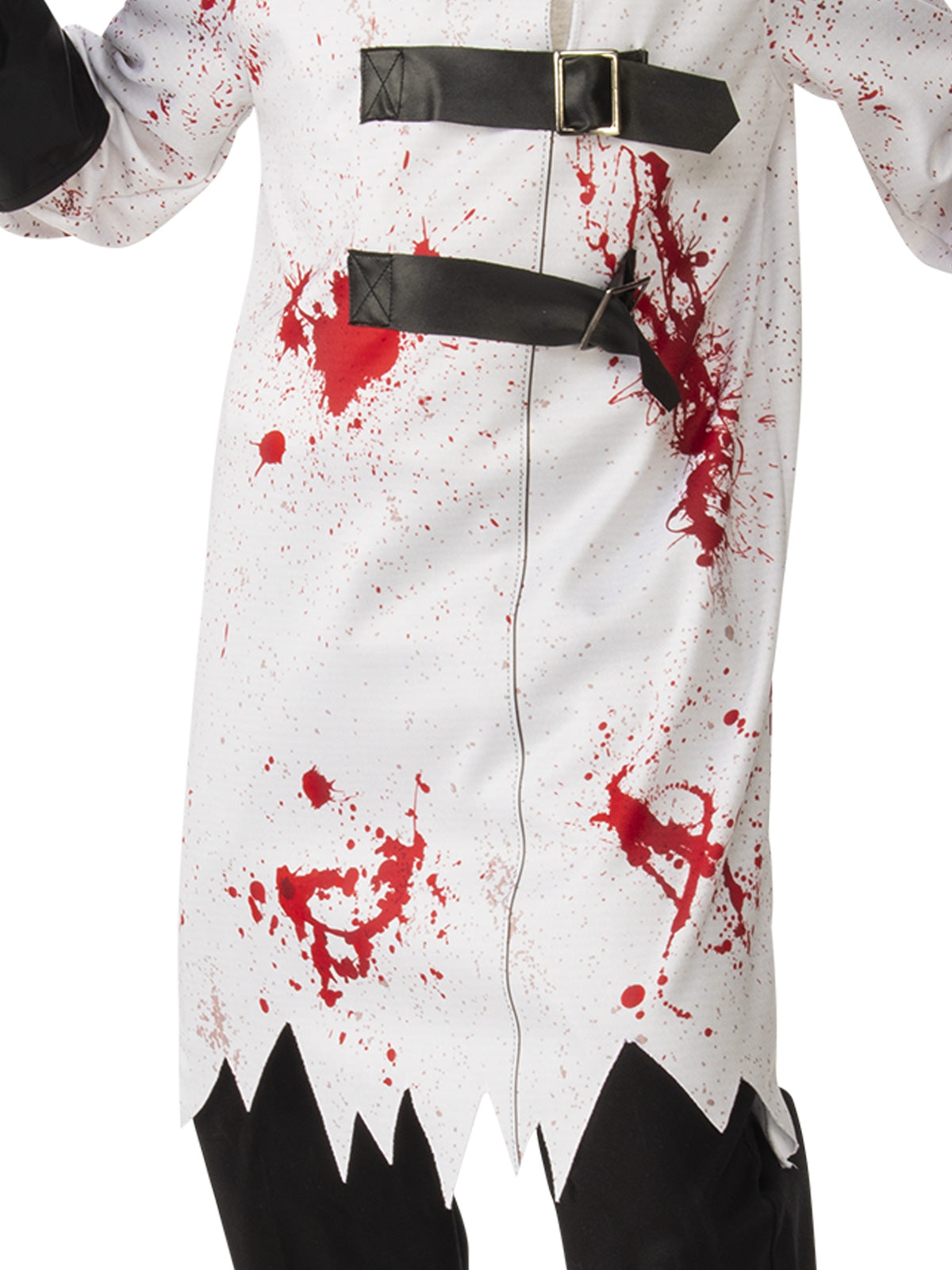 Close-up of the bloody surgeon tunic with red splatter, black buckle straps and ragged hem