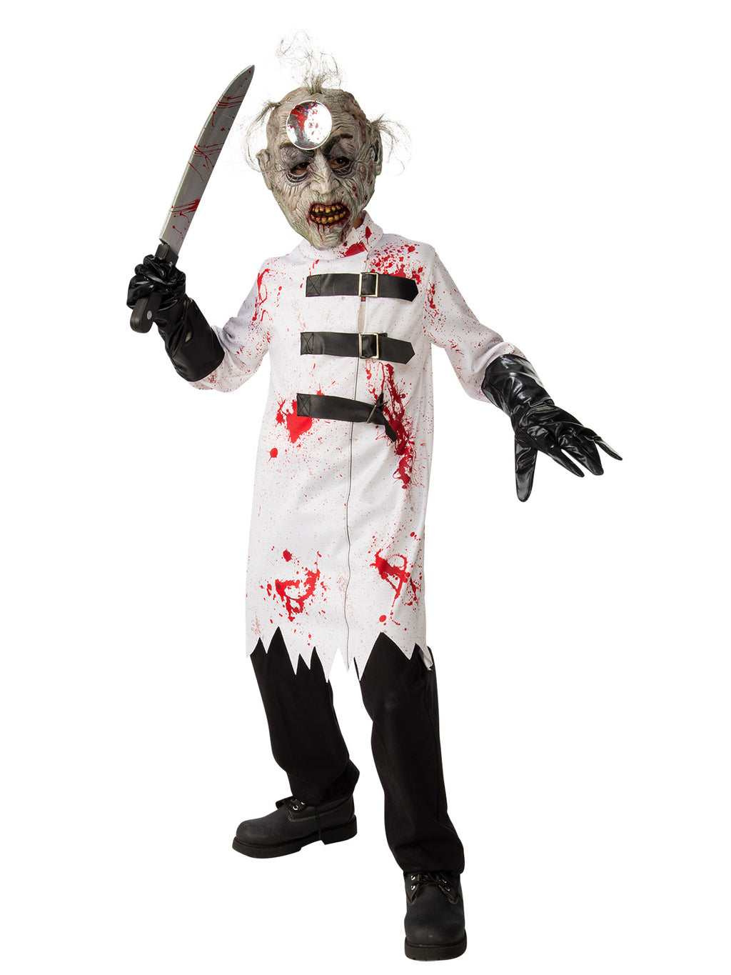 Child in bloody surgeon costume with blood-splattered white tunic, black gloves and gruesome mask