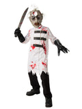 Child in bloody surgeon costume with blood-splattered white tunic, black gloves and gruesome mask