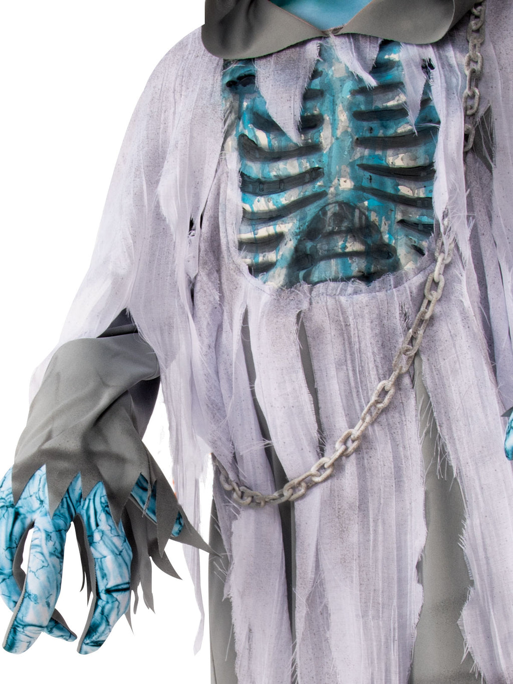 Close-up of the White Demon robe's painted 3D blue ribcage, plastic chain and oversized blue glove