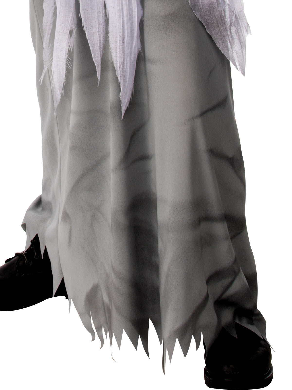 Close-up of the White Demon costume's long grey tunic with tattered hem
