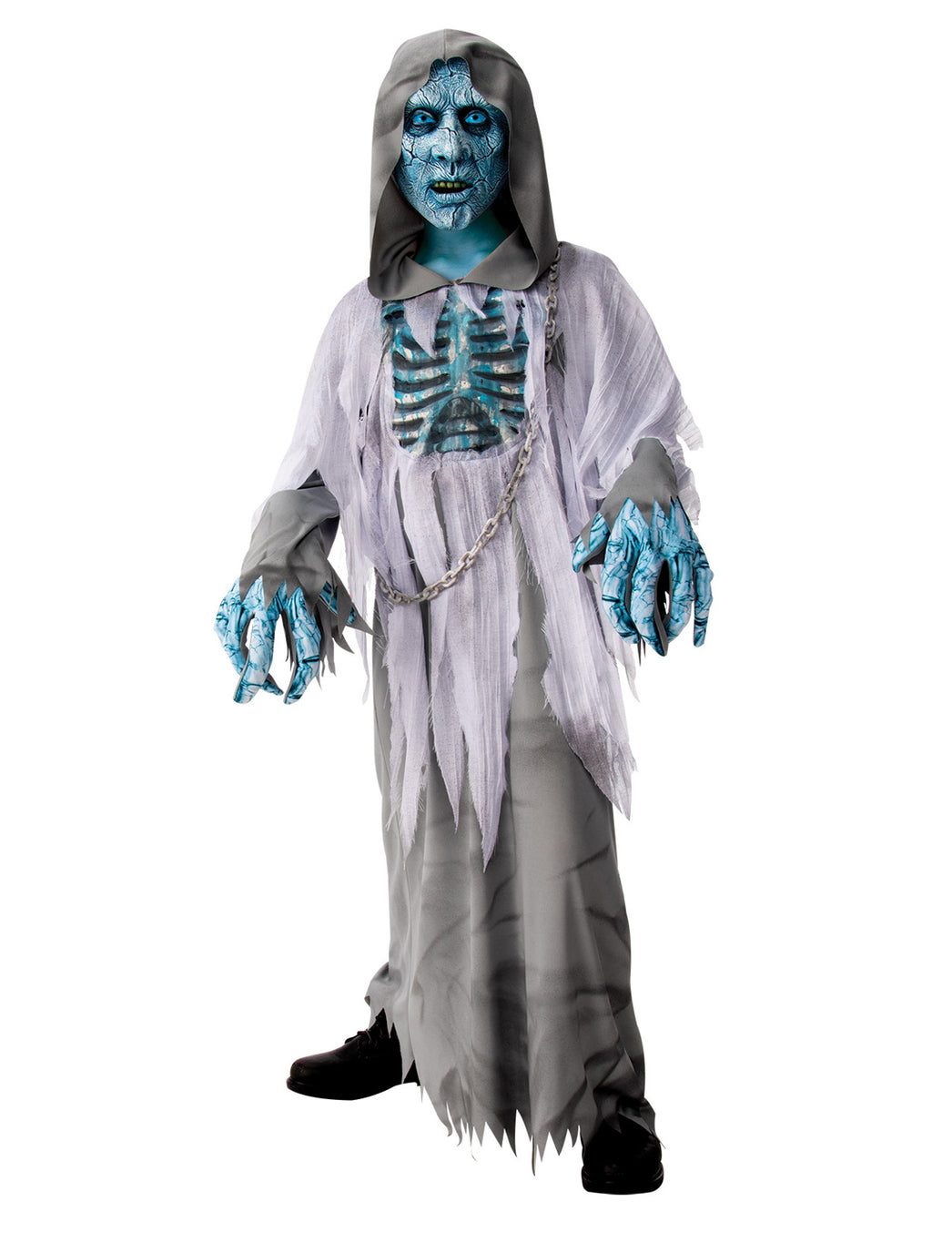 Child in a White Demon hooded robe with tattered tulle, 3D ribcage, plastic chain, blue cracked mask and clawed gloves