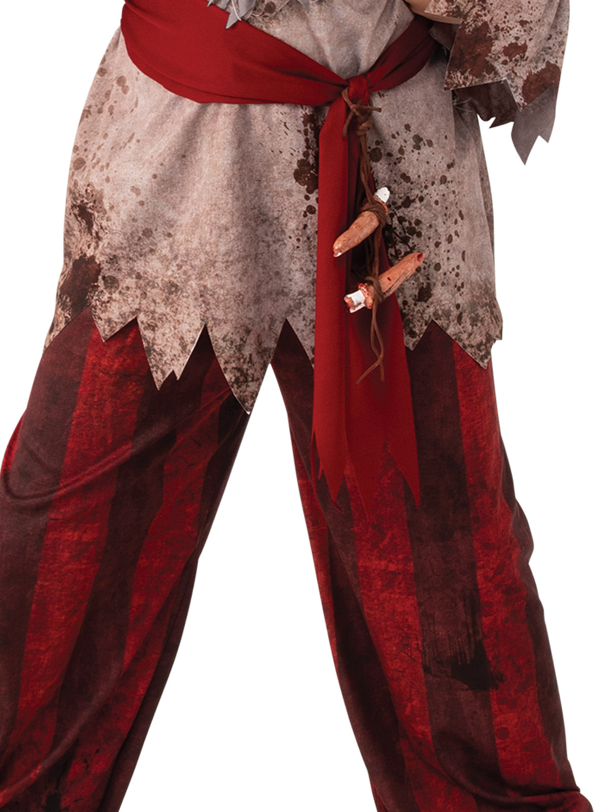 Close-up of the skeleton pirate's tattered blood-splattered tunic and red sash with faux plastic fingers