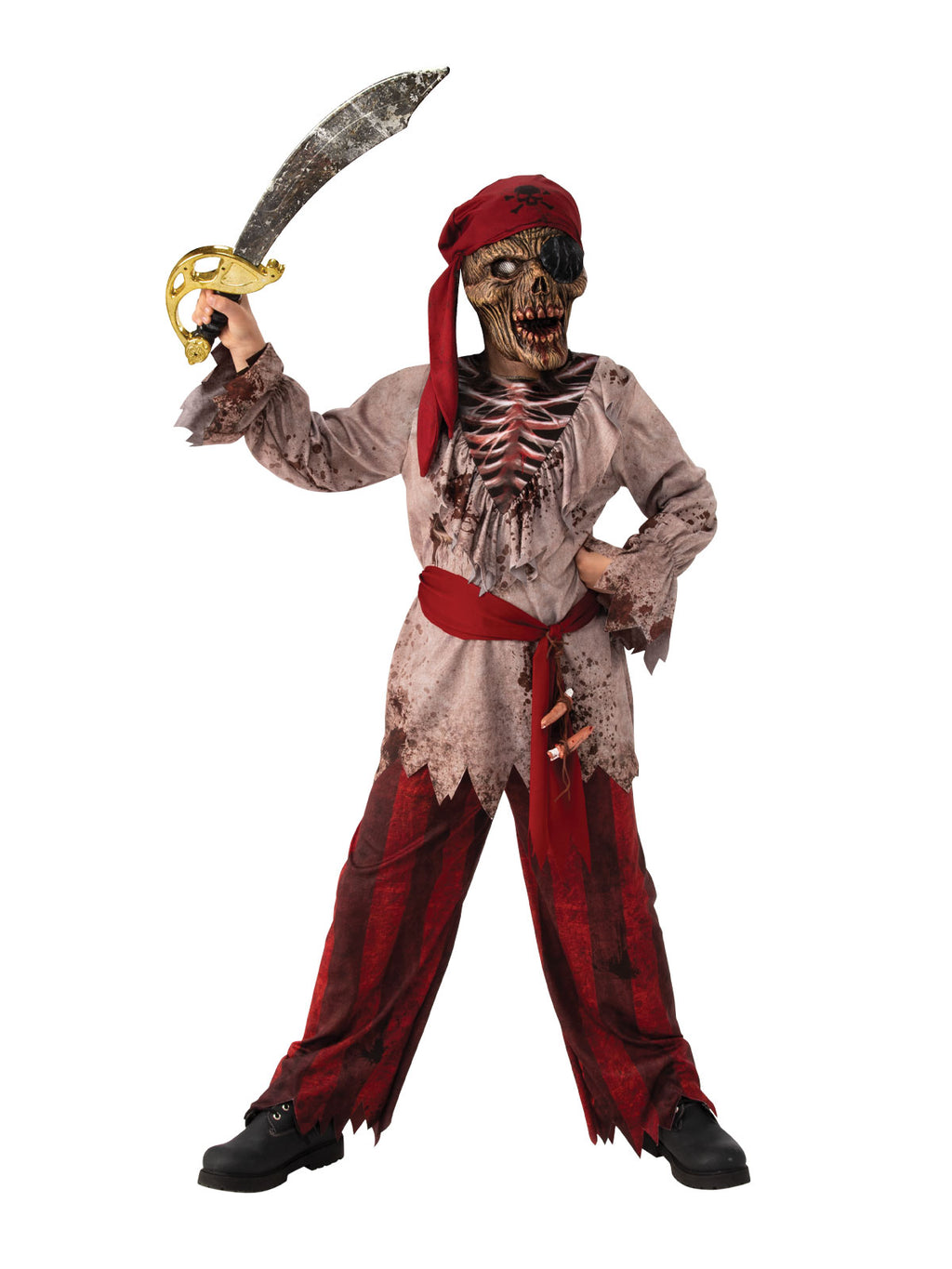 Child in a skeleton pirate costume with bloodied rib-print tunic, striped pants, red sash and skull mask with bandana