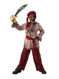 Child in a skeleton pirate costume with bloodied rib-print tunic, striped pants, red sash and skull mask with bandana