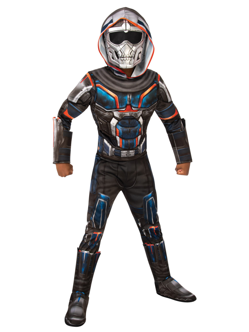 Child wearing the Taskmaster deluxe jumpsuit with fibre-filled muscles, attached gauntlets and moulded boot tops