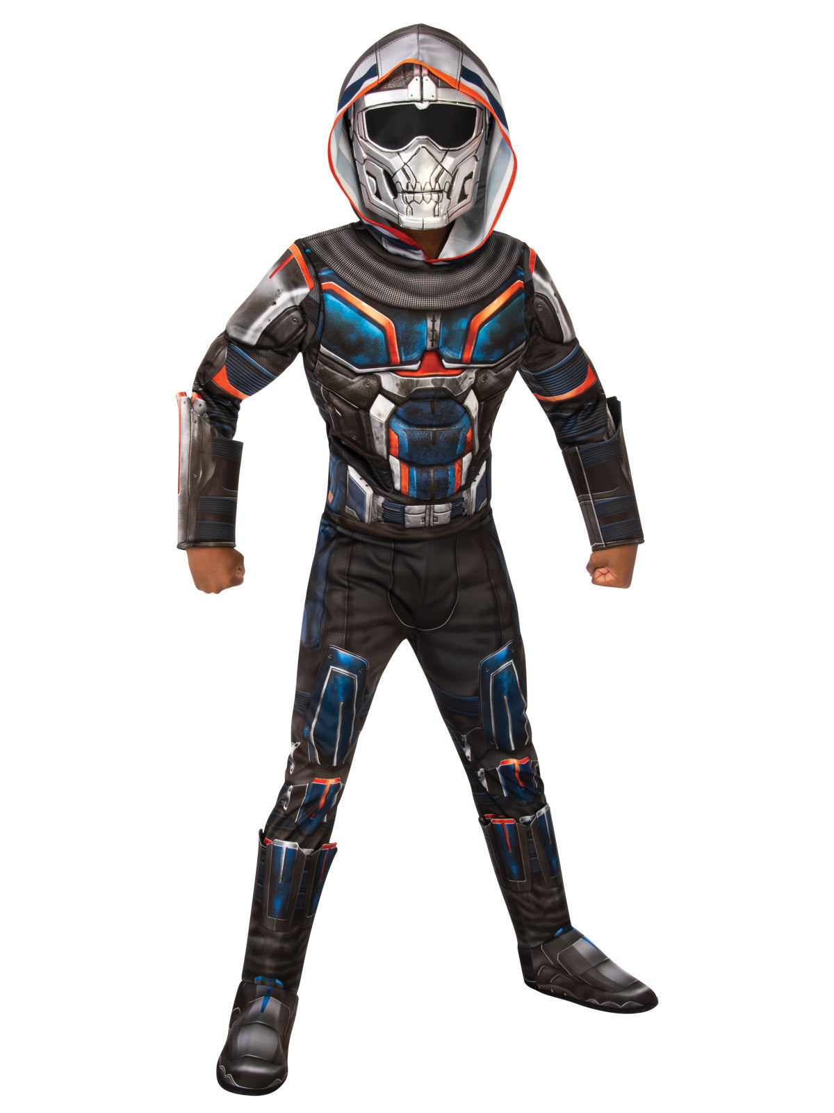 Child wearing the Taskmaster deluxe jumpsuit with fibre-filled muscles, attached gauntlets and moulded boot tops