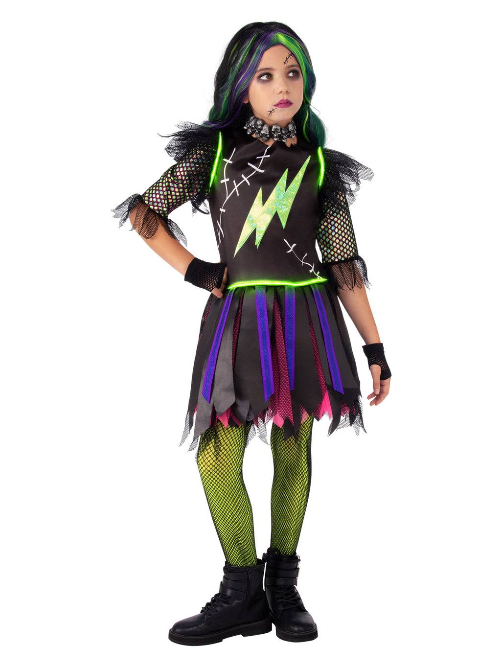 Girl in the Frankie Light Up costume with a black dress, green lightning bolt and multicoloured ragged skirt
