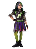 Girl in the Frankie Light Up costume with a black dress, green lightning bolt and multicoloured ragged skirt