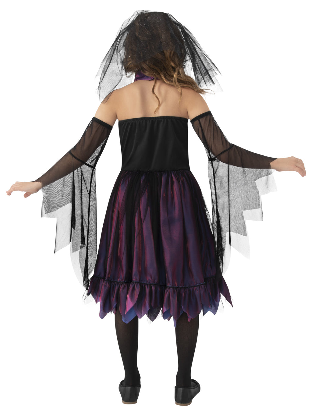 Back view of the Gothic Princess halter dress with a purple ragged skirt and black tulle veil