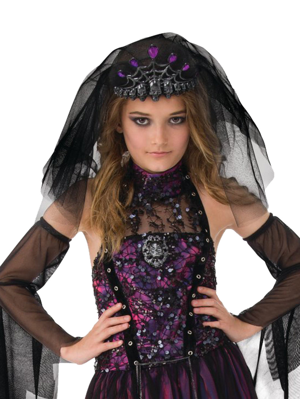 Close-up of the Gothic Princess sequin mesh bodice, purple gem skull crown and black tulle veil