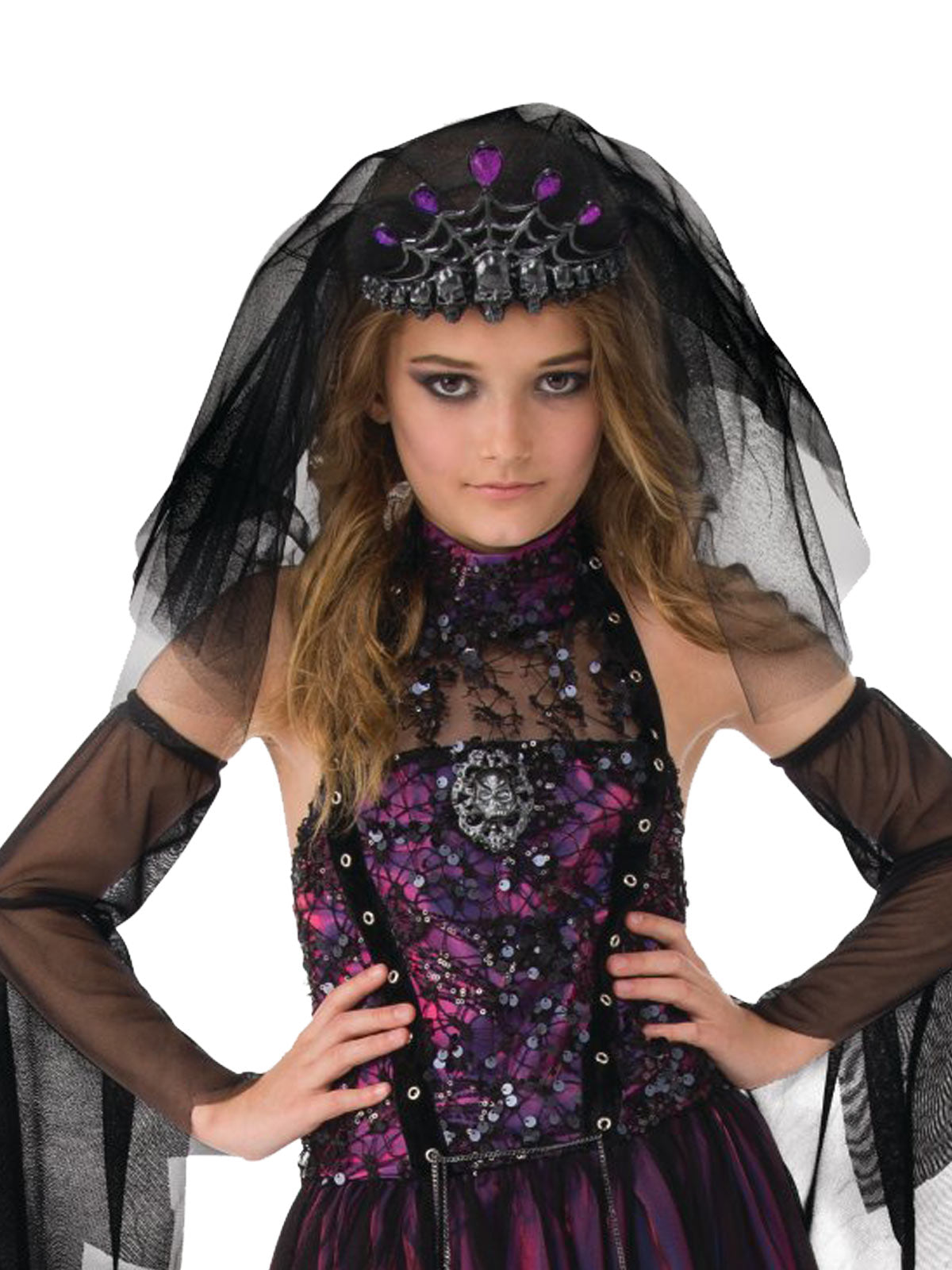 Close-up of the Gothic Princess sequin mesh bodice, purple gem skull crown and black tulle veil