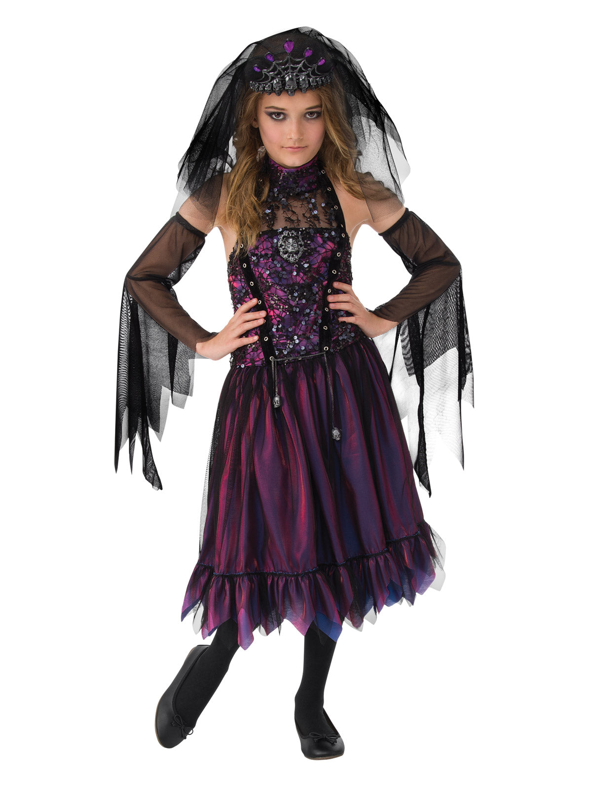 Girl in the Gothic Princess costume with a black and purple dress, skull crown with veil and long mesh mitts