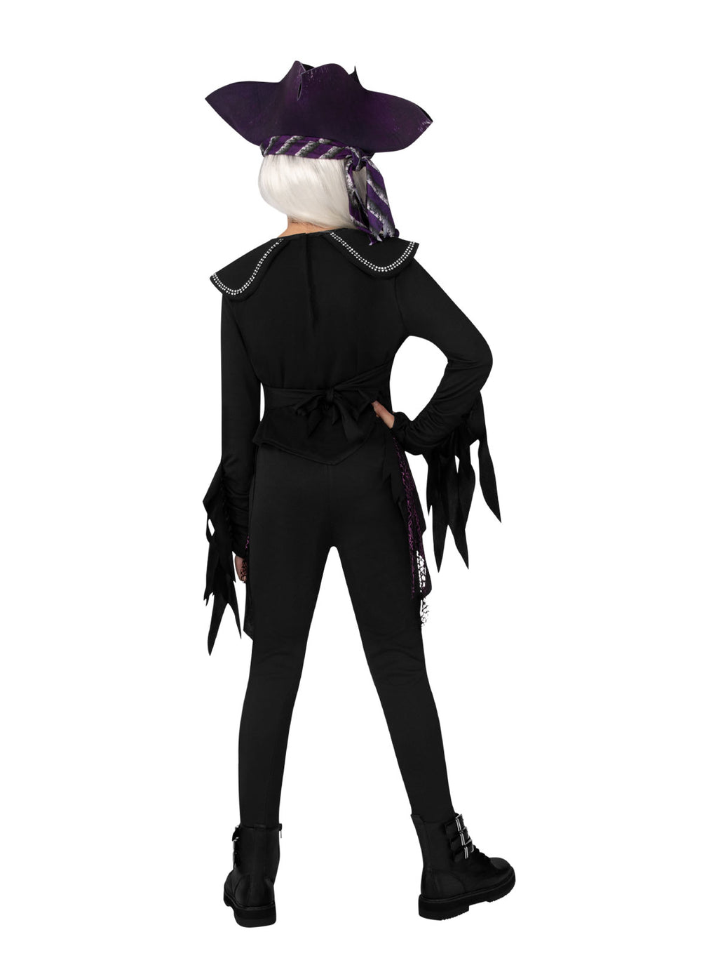 Back view of the Ghost Ship Pirate costume with a purple pirate hat and black tattered outfit