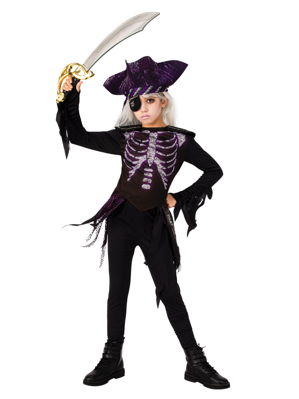 Girl in the Ghost Ship Pirate costume with a black skeleton-print top, tattered sleeves, pants and purple hat