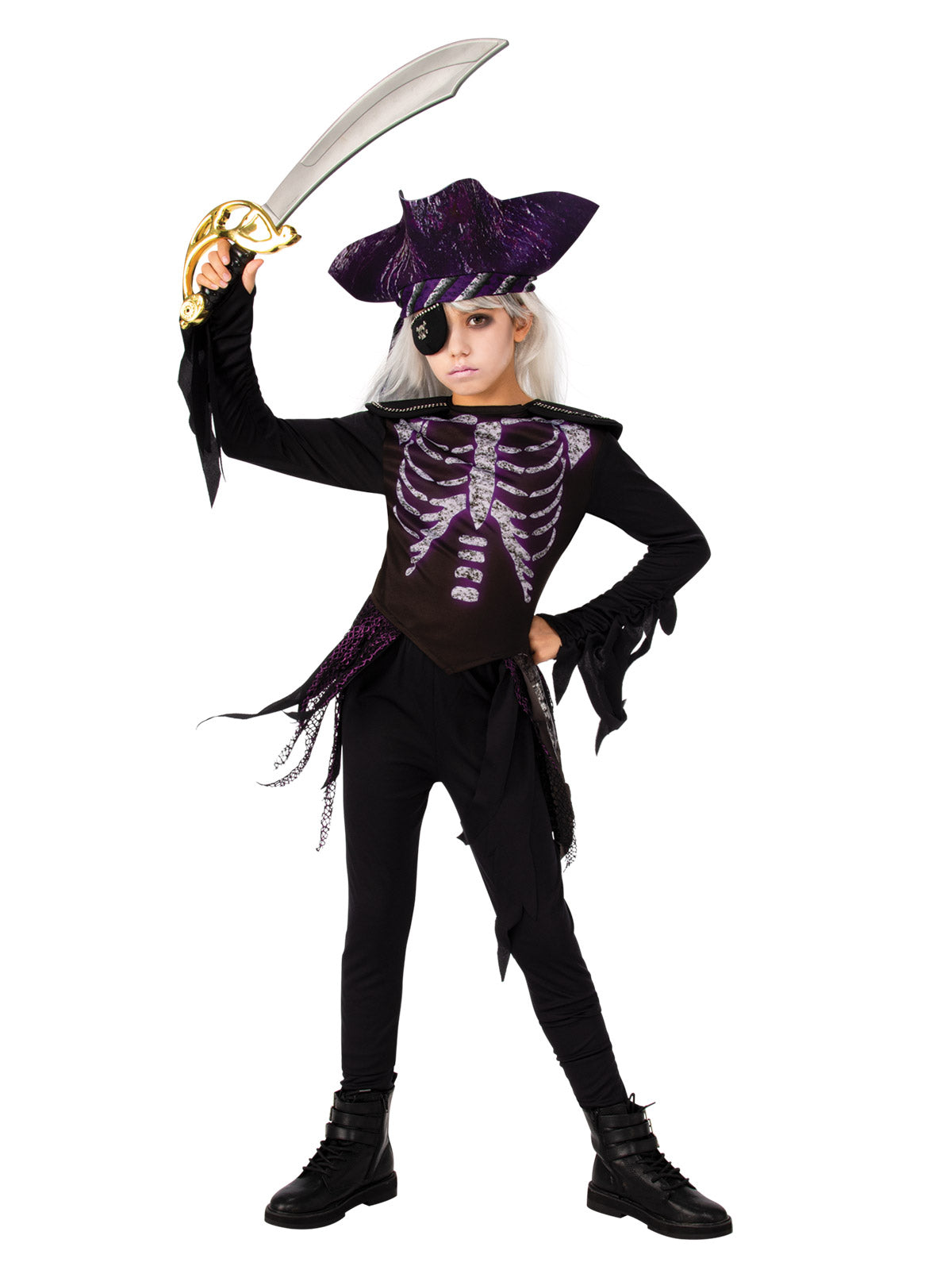 Girl in the Ghost Ship Pirate costume with a black skeleton-print top, tattered sleeves, pants and purple hat