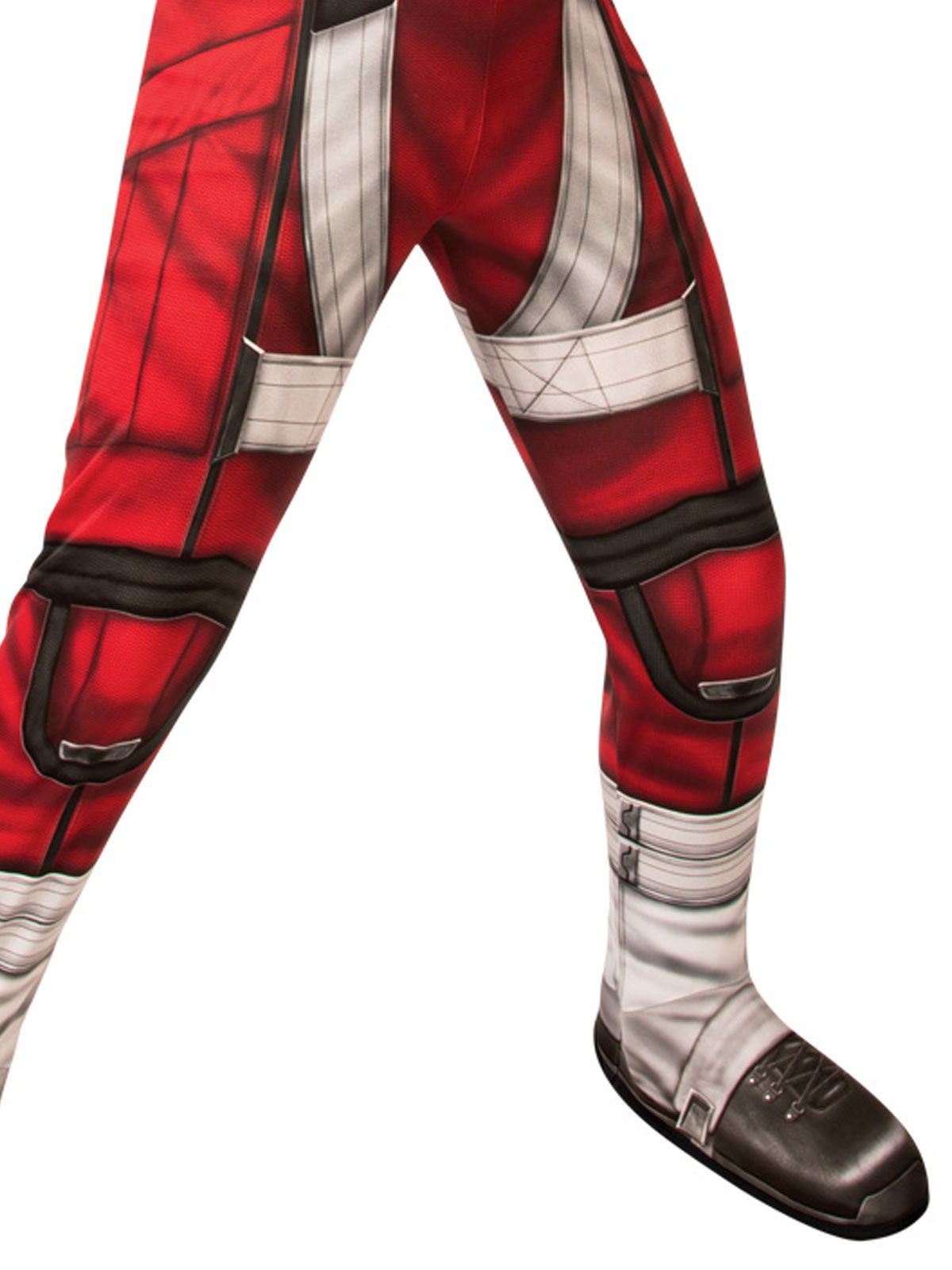 Close-up of the Red Guardian jumpsuit's printed leg straps and silver boot covers