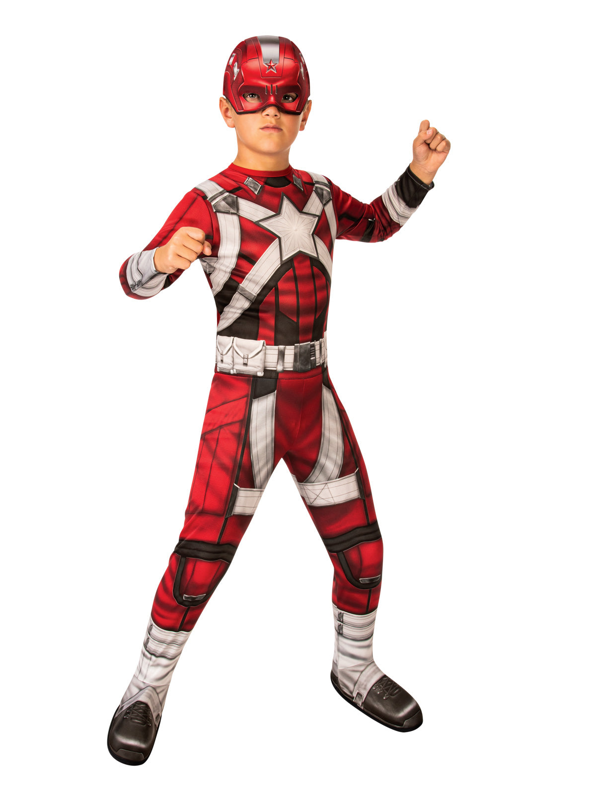 Boy wearing a Red Guardian jumpsuit with printed star, belt, gauntlets and boot covers, plus mask