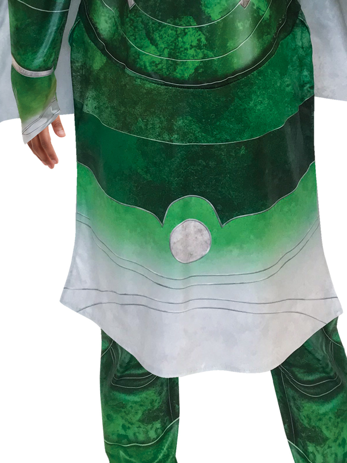 Close-up of the Sersi tunic's green armour print and silver foil hem