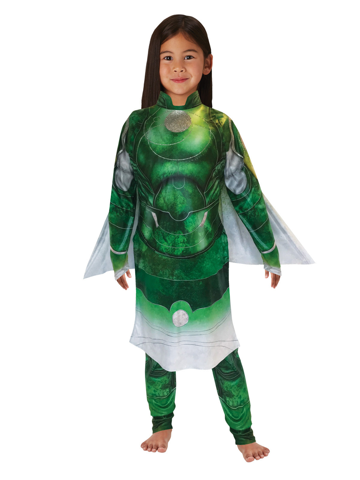 Girl wearing a green and silver Sersi tunic with wet-look armour print, flared hem, sashes and printed pants