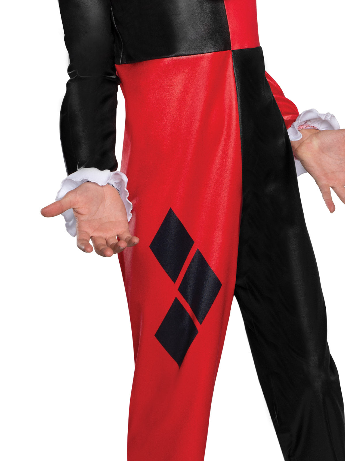 Close-up of the red and black wet-look Harley Quinn jumpsuit with diamond print and lace cuffs