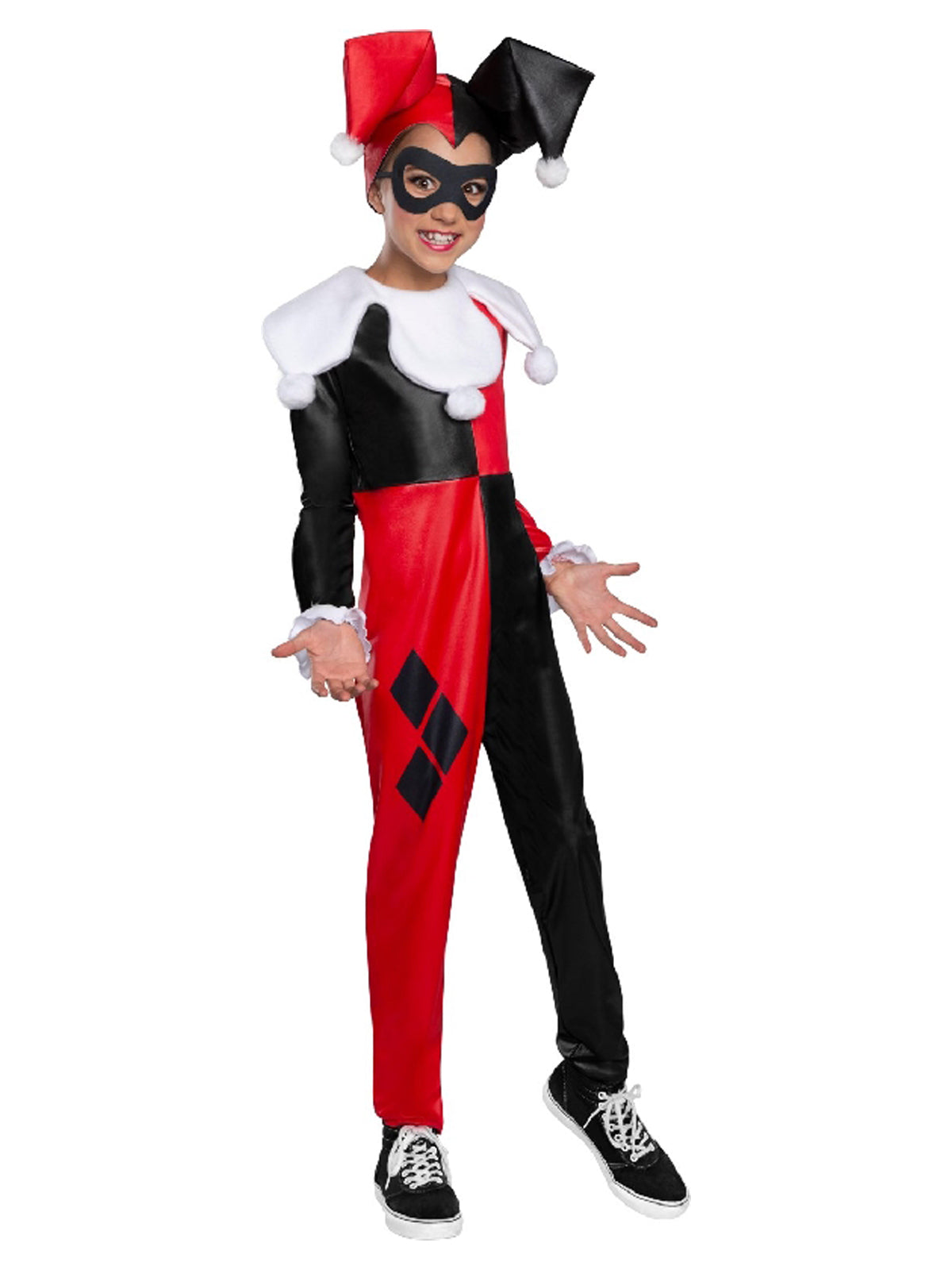 Child in the DC Super Hero Girls Harley Quinn wet-look red and black jumpsuit with ruffled collar and jester hat