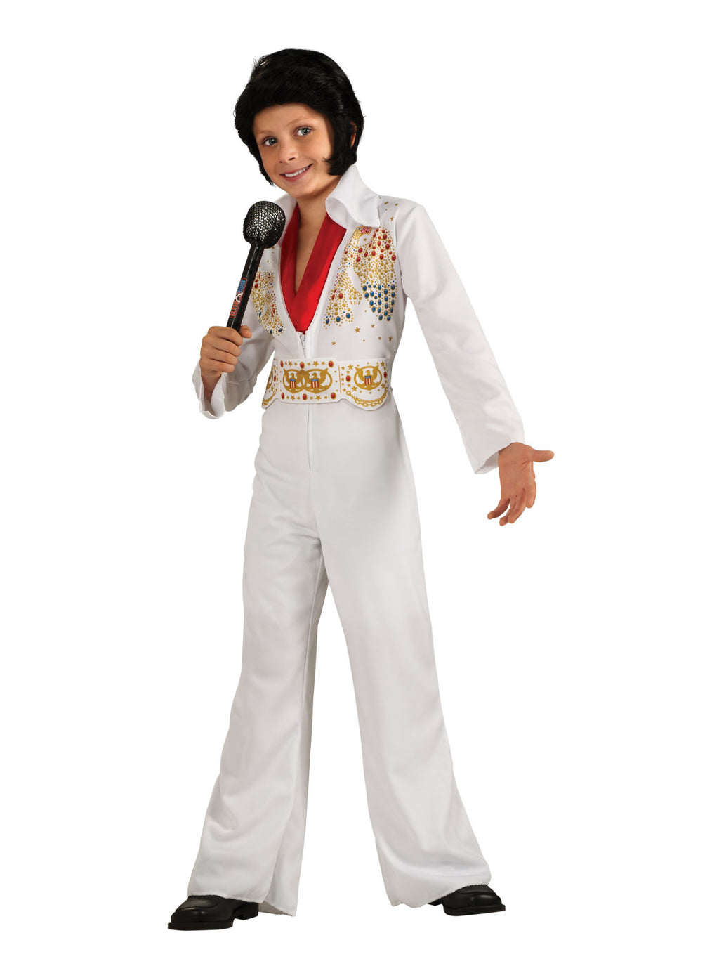 Boy in white jewelled Elvis jumpsuit with red scarf and gold jewelled belt