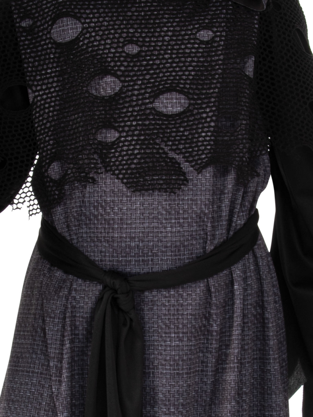 Close-up of the Google-Eyed Skeleton grey robe with a tattered black mesh yoke and tie belt