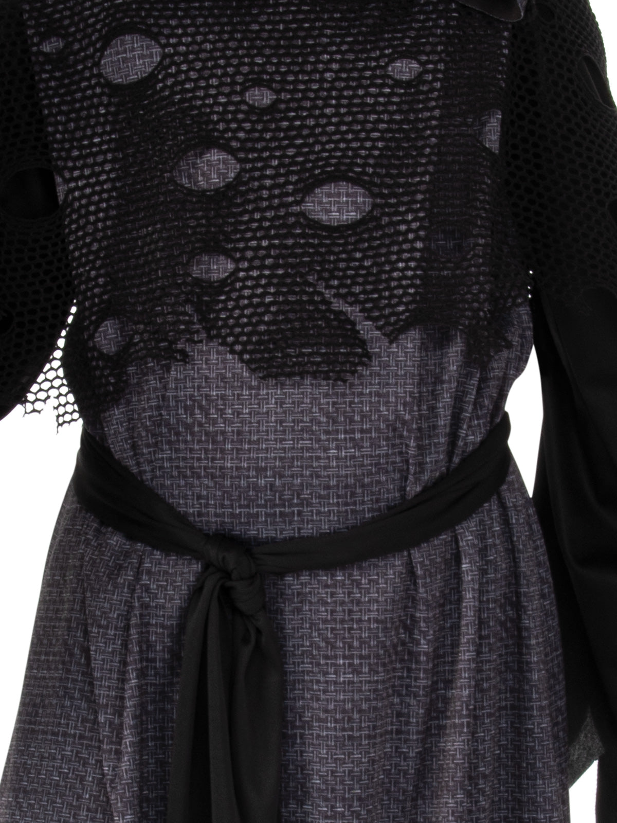 Close-up of the Google-Eyed Skeleton grey robe with a tattered black mesh yoke and tie belt