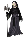 Child in the Google-Eyed Skeleton costume with a grey hooded robe, black belt and bulging-eye skull mask
