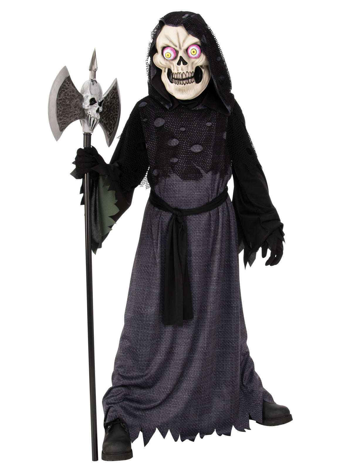 Child in the Google-Eyed Skeleton costume with a grey hooded robe, black belt and bulging-eye skull mask