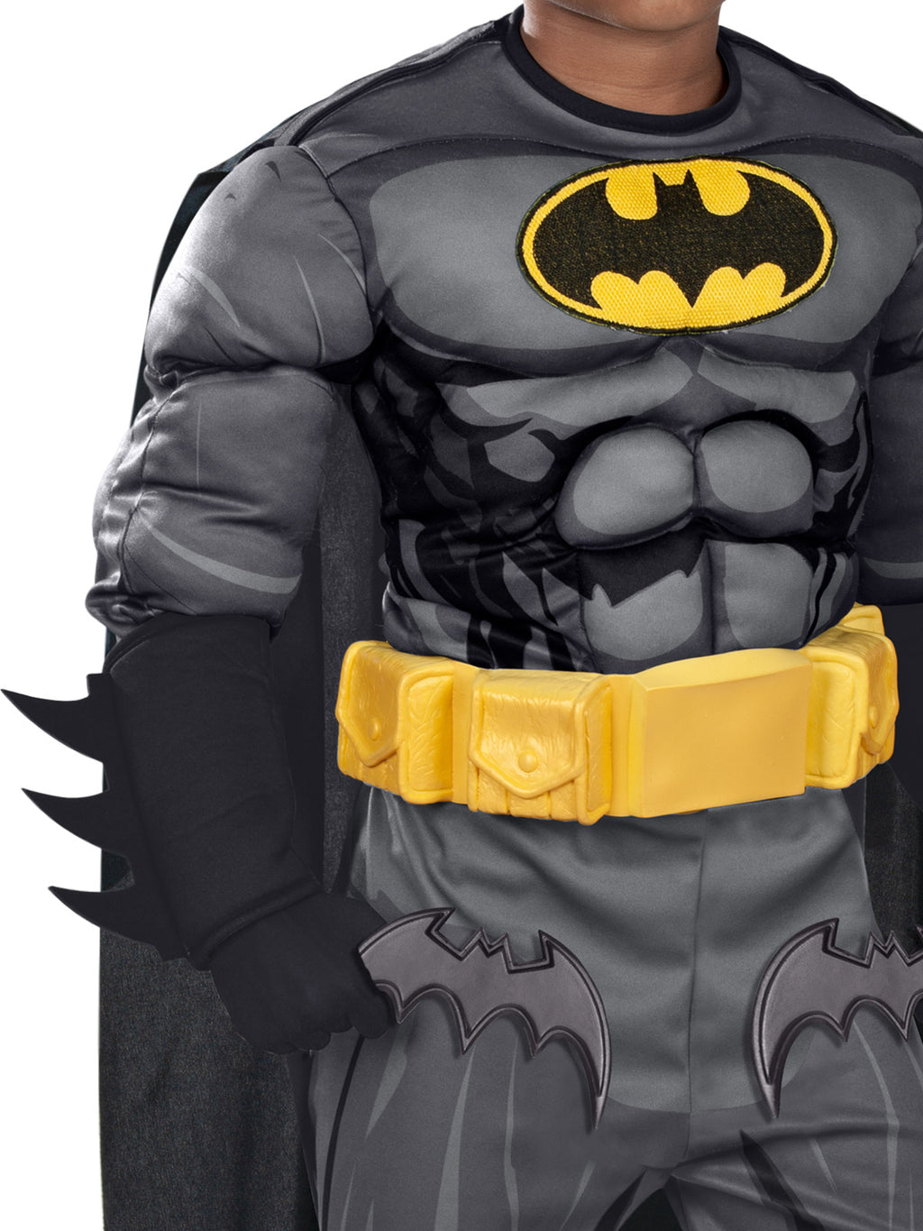 Close-up of the premium Batman muscle chest, yellow bat emblem and moulded yellow belt