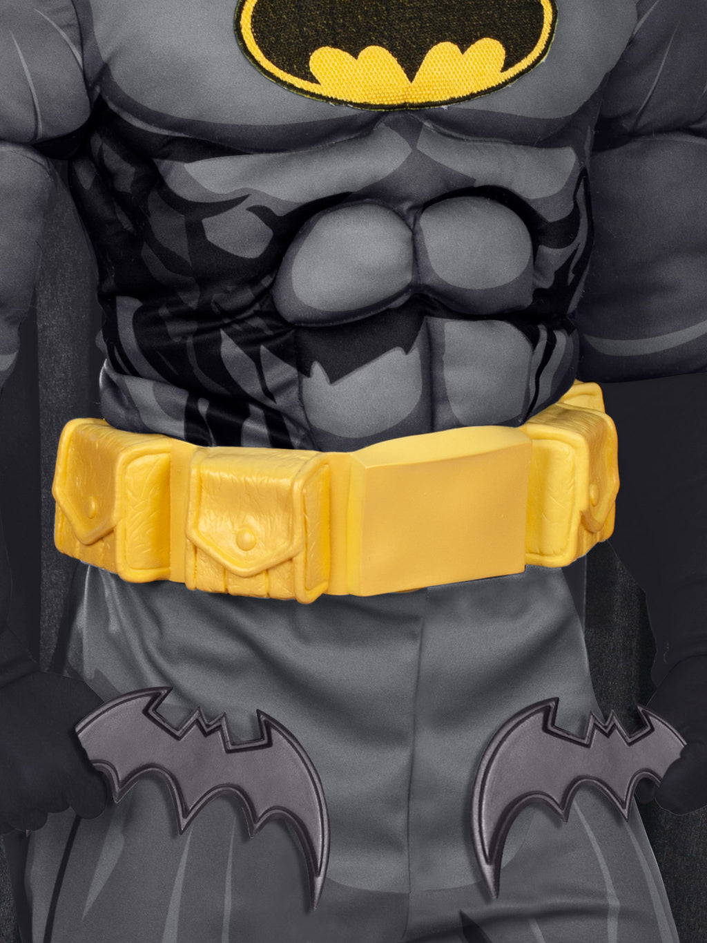 Detail of the premium Batman jumpsuit's padded abs and moulded yellow utility belt