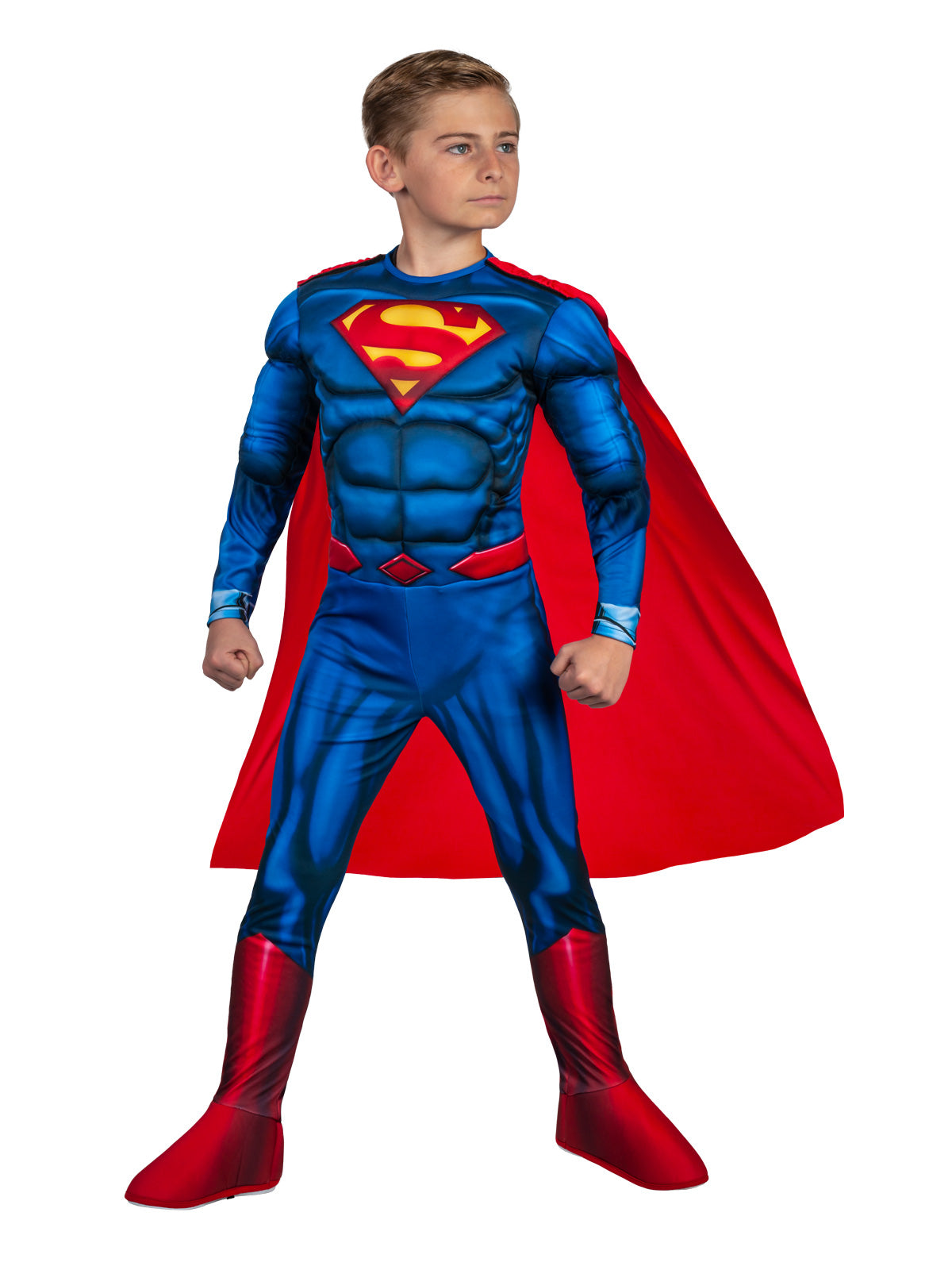 Boy wearing a deluxe Superman jumpsuit with padded muscle chest, S symbol, 3D red boot tops and long cape